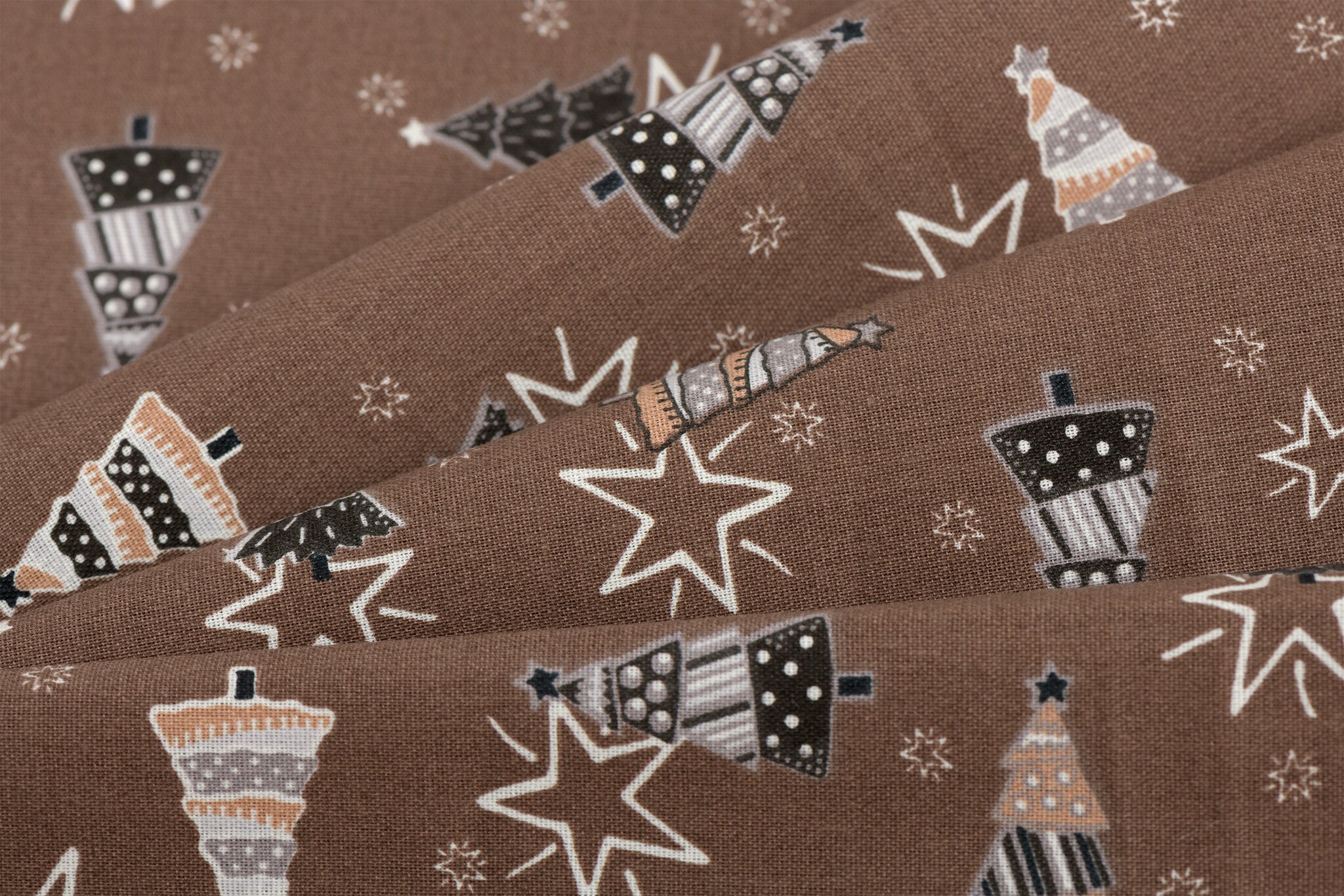 Katoen Kerststof Bruin – Kerstbomen, Sterren & Sleeën