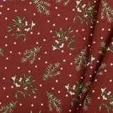 Katoen Kerststof Donkerrood – Dennentakjes, Maretak & Bessen