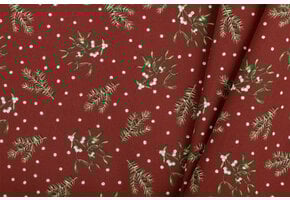 Katoen Stof – Kerst Dennentakjes & Maretak – Donkerrood