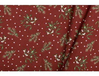 Katoen Stof – Kerst Dennentakjes & Maretak – Donkerrood