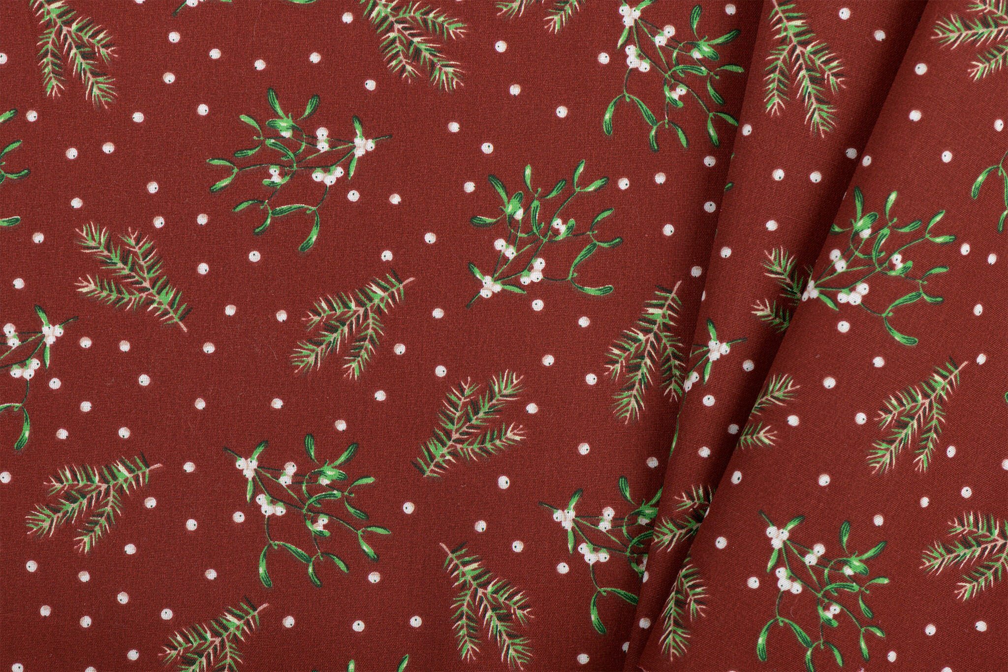 Katoen Kerststof Donkerrood – Dennentakjes, Maretak & Bessen