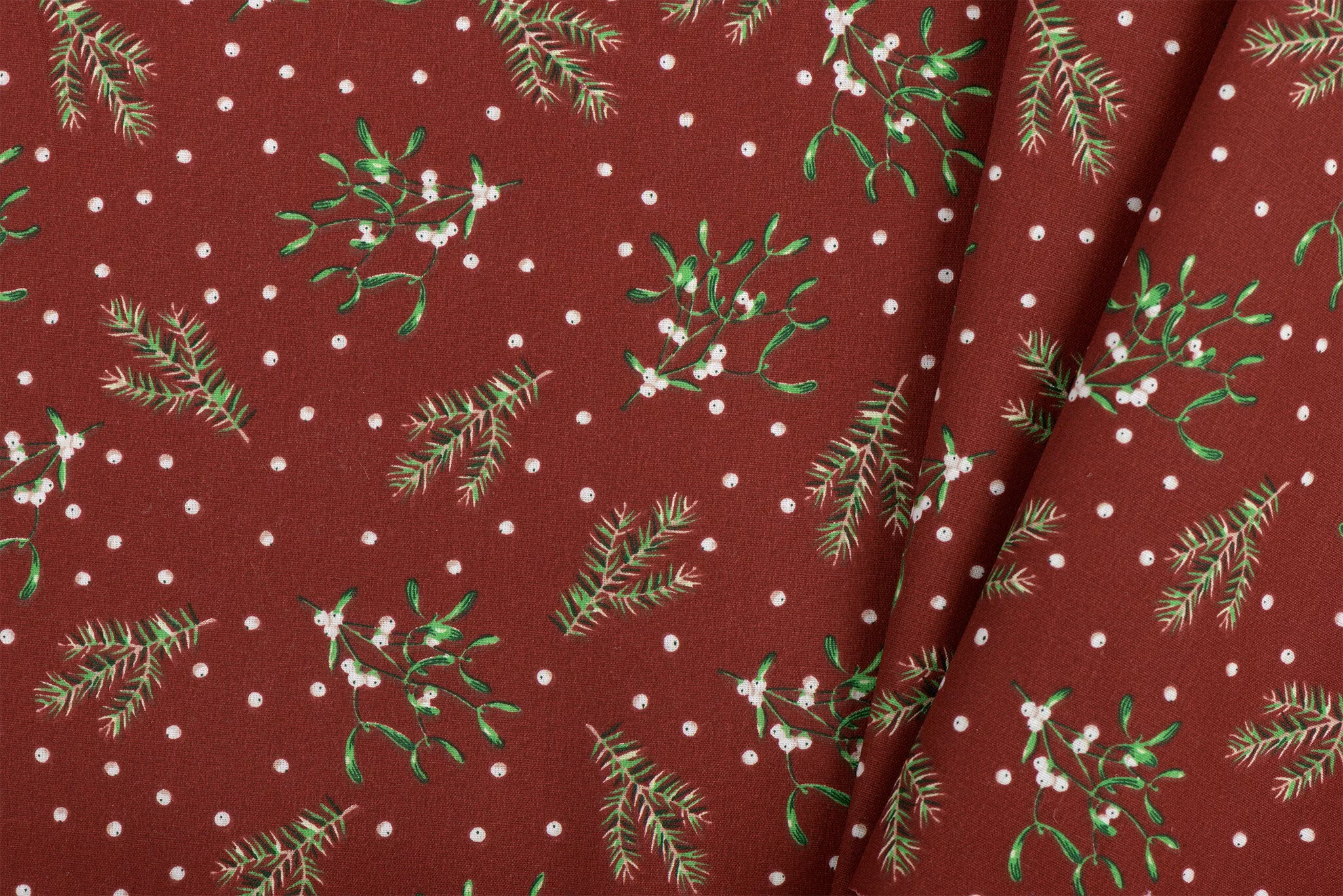 Katoen Kerststof Donkerrood – Dennentakjes, Maretak & Bessen