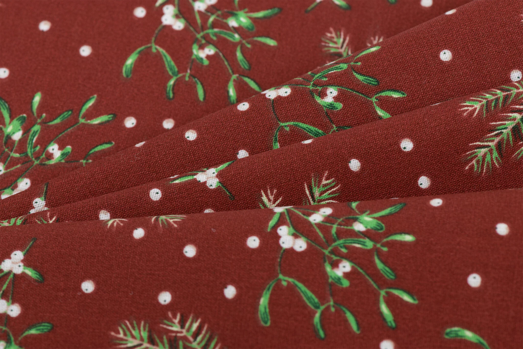 Katoen Kerststof Donkerrood – Dennentakjes, Maretak & Bessen