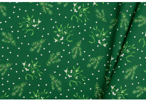 Katoen Stof – Kerst Dennentakjes & Maretak – Groen