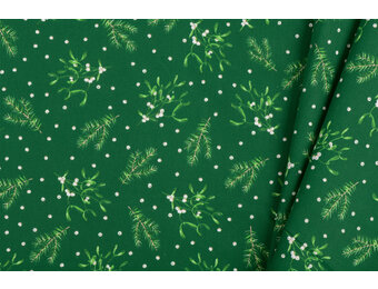 Katoen Stof – Kerst Dennentakjes & Maretak – Groen