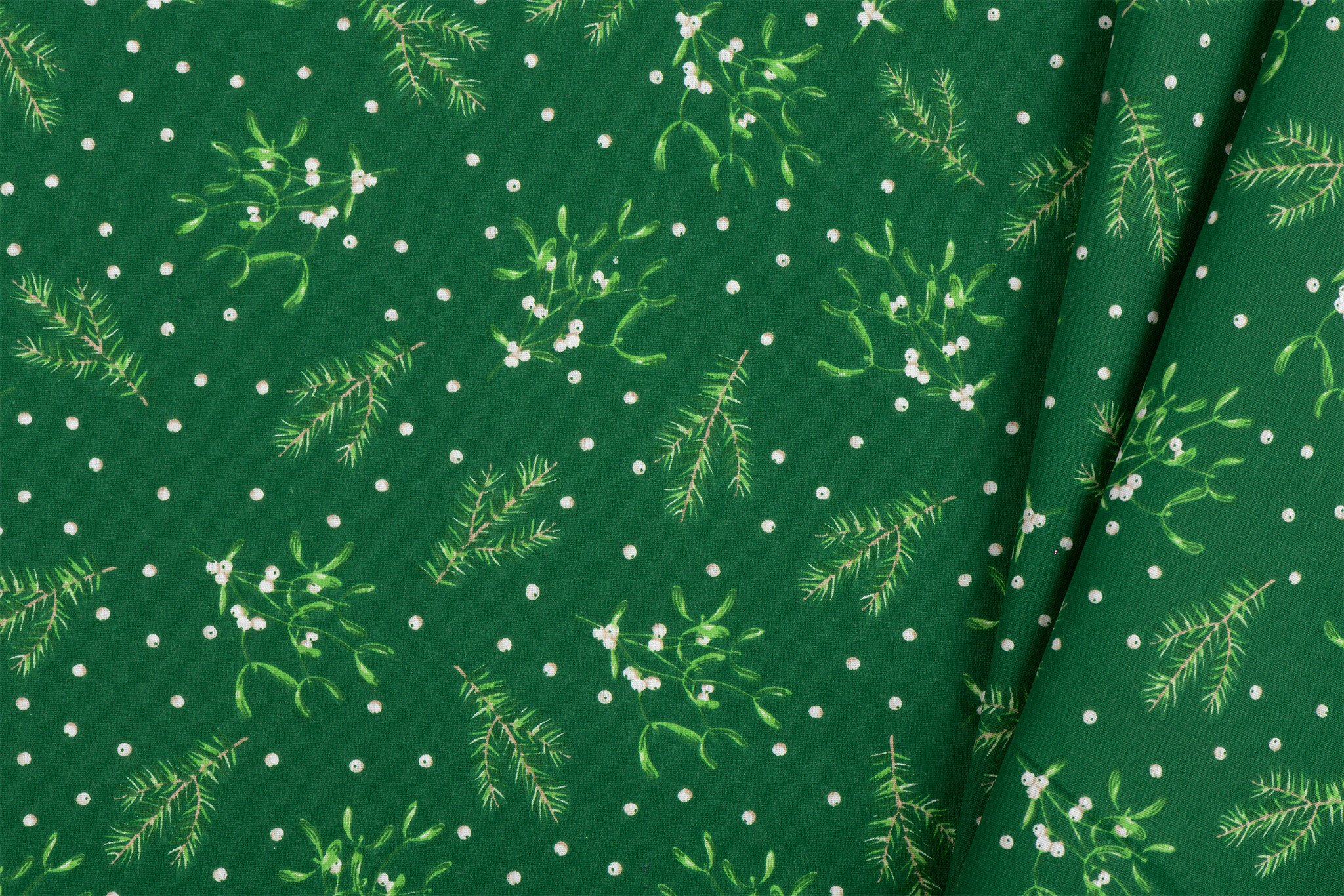 Katoen Kerststof Groen – Dennentakjes, Maretak & Bessen