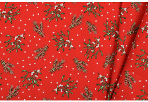 Katoen Stof – Kerst Dennentakjes & Maretak – Rood