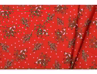 Katoen Stof – Kerst Dennentakjes & Maretak – Rood