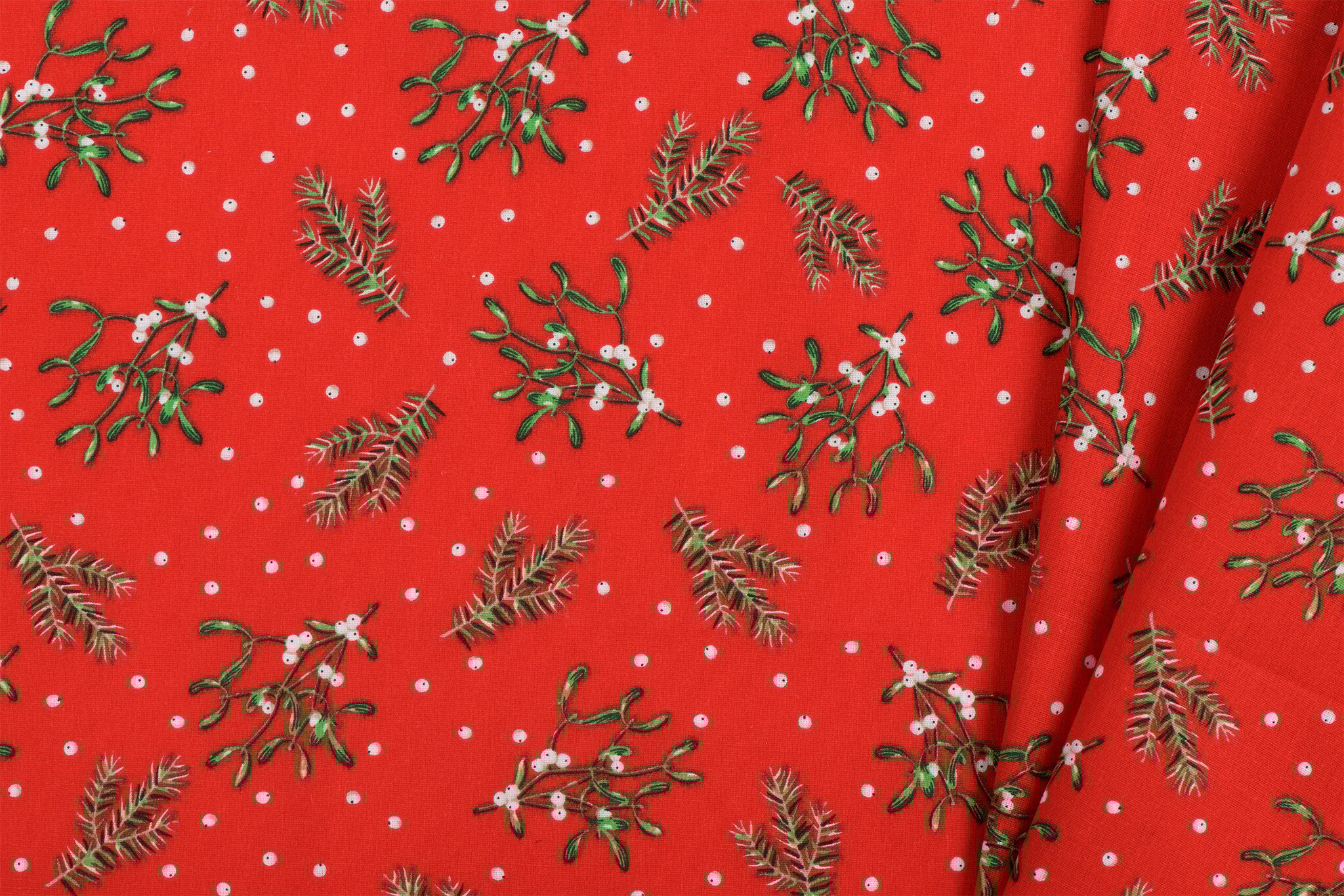 Katoen Kerststof Rood – Dennentakjes, Maretak & Bessen