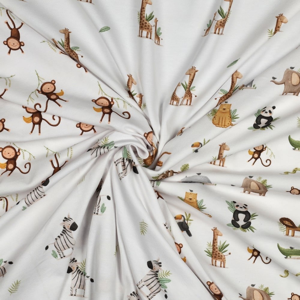 Organic Jersey Katoen Jungle Dieren – Zacht, Rekbaar & Biologisch