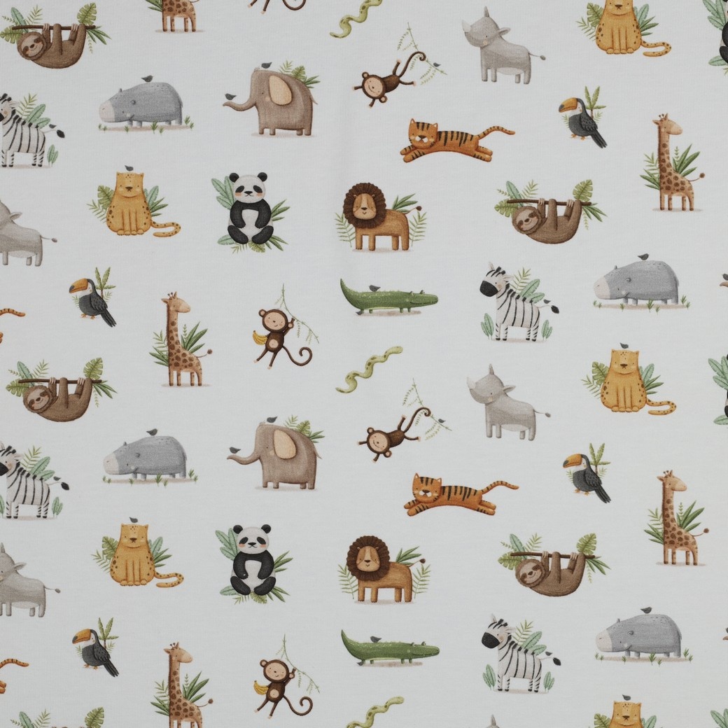 Organic Jersey Katoen Jungle Dieren – Zacht, Rekbaar & Biologisch