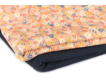 Rib Jersey Stof - Tijdloze Bloem Donker Blauw