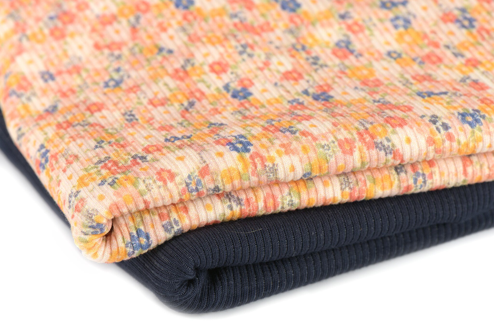 Rib Jersey Stof Tijdloze Bloem Donker Blauw – Kleurrijk & Zacht