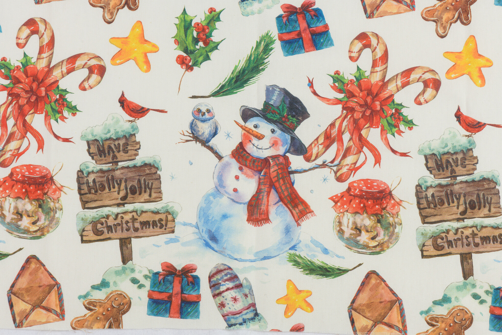 Deco Stof Kerst – Holly Jolly Snowman – Vrolijk & Feestelijk