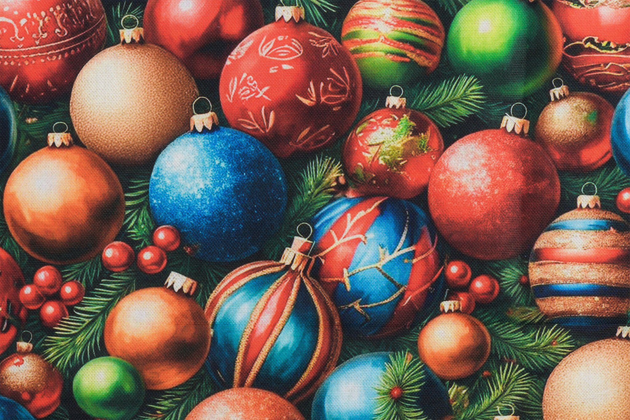 Deco Stof Kerst – Kleurrijke Kerstballen – Vrolijk & Feestelijk