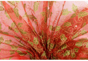 Organza Stof Kerst – Rood met Gouden Hulstbladeren