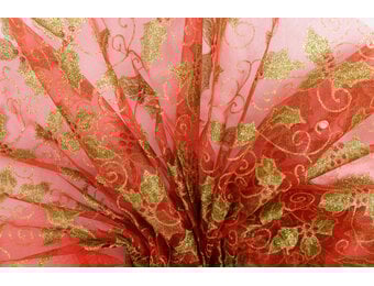Organza Stof Kerst – Rood met Gouden Hulstbladeren