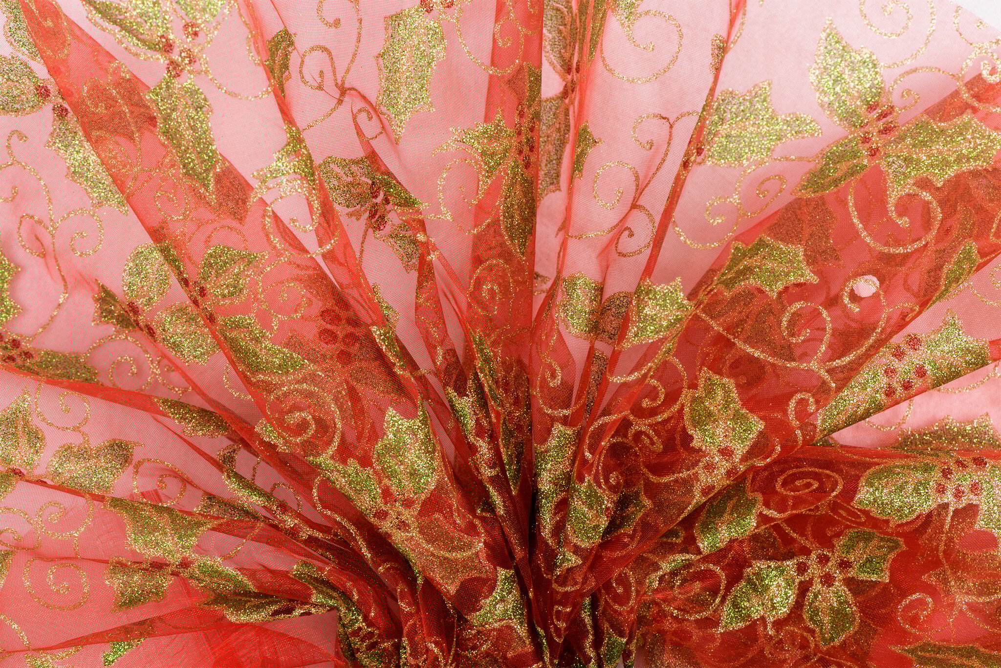 Organza Stof Kerst – Rood met Gouden Hulstbladeren