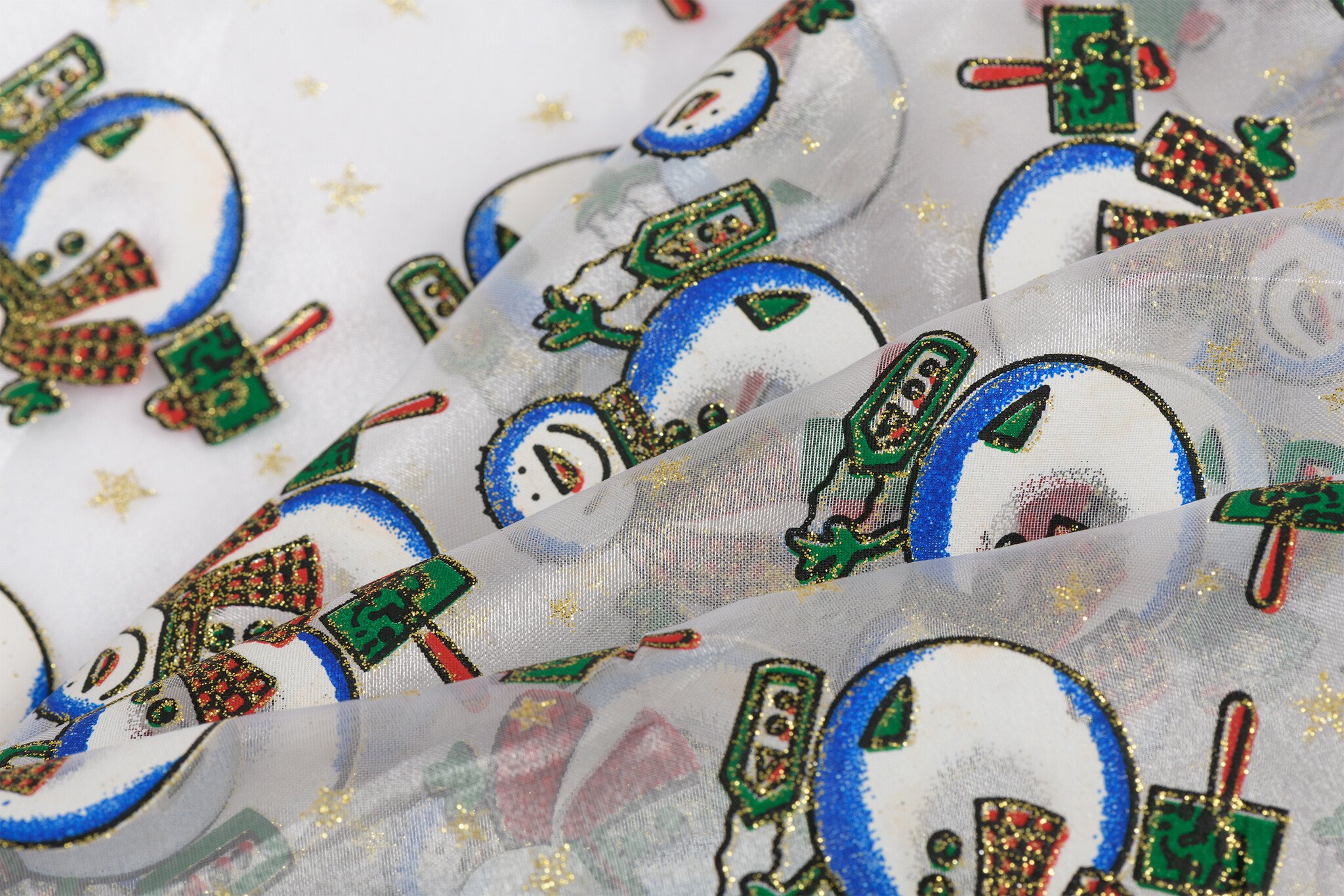 Organza Stof Kerst – Sneeuwpoppen – Glanzend & Sfeervol