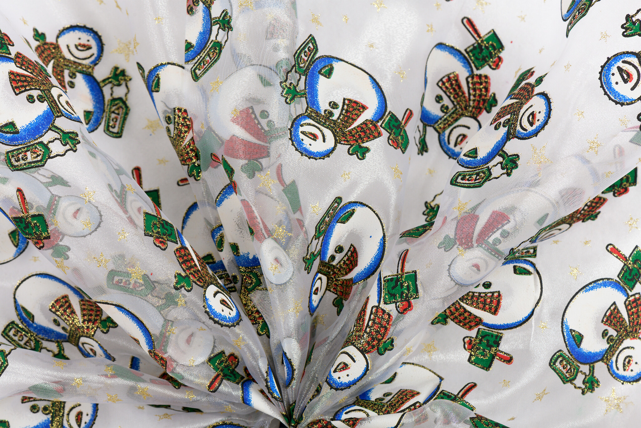 Organza Stof Kerst – Sneeuwpoppen – Glanzend & Sfeervol