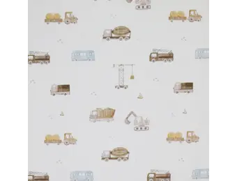 Poplin Katoen Digitale Print - Bouwvoertuigen Beige