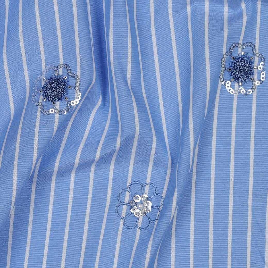 Katoen Strepen Pailletten Bloemen – Blauw