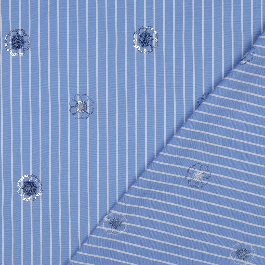 Katoen Strepen Pailletten Bloemen – Blauw