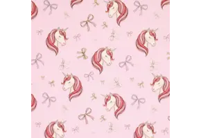 Jersey Katoen Digitale Print – Eenhoorn met Strikjes Roze