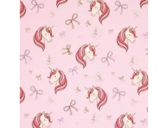 Jersey Katoen Digitale Print – Eenhoorn met Strikjes Roze