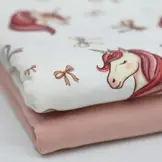 Jersey Katoen Digitale Print – Eenhoorn met Strikjes Ecru