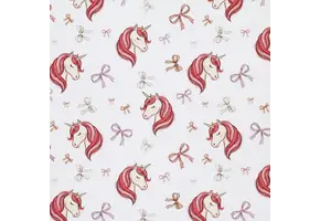 Jersey Katoen Digitale Print – Eenhoorn met Strikjes Ecru