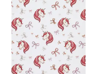 Jersey Katoen Digitale Print – Eenhoorn met Strikjes Ecru