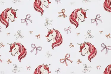 Jersey Katoen Digitale Print – Eenhoorn met Strikjes Ecru