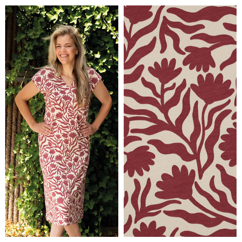 Sweat Stof Natural Bloemen Bordeauxrood – Zacht & Comfortabel