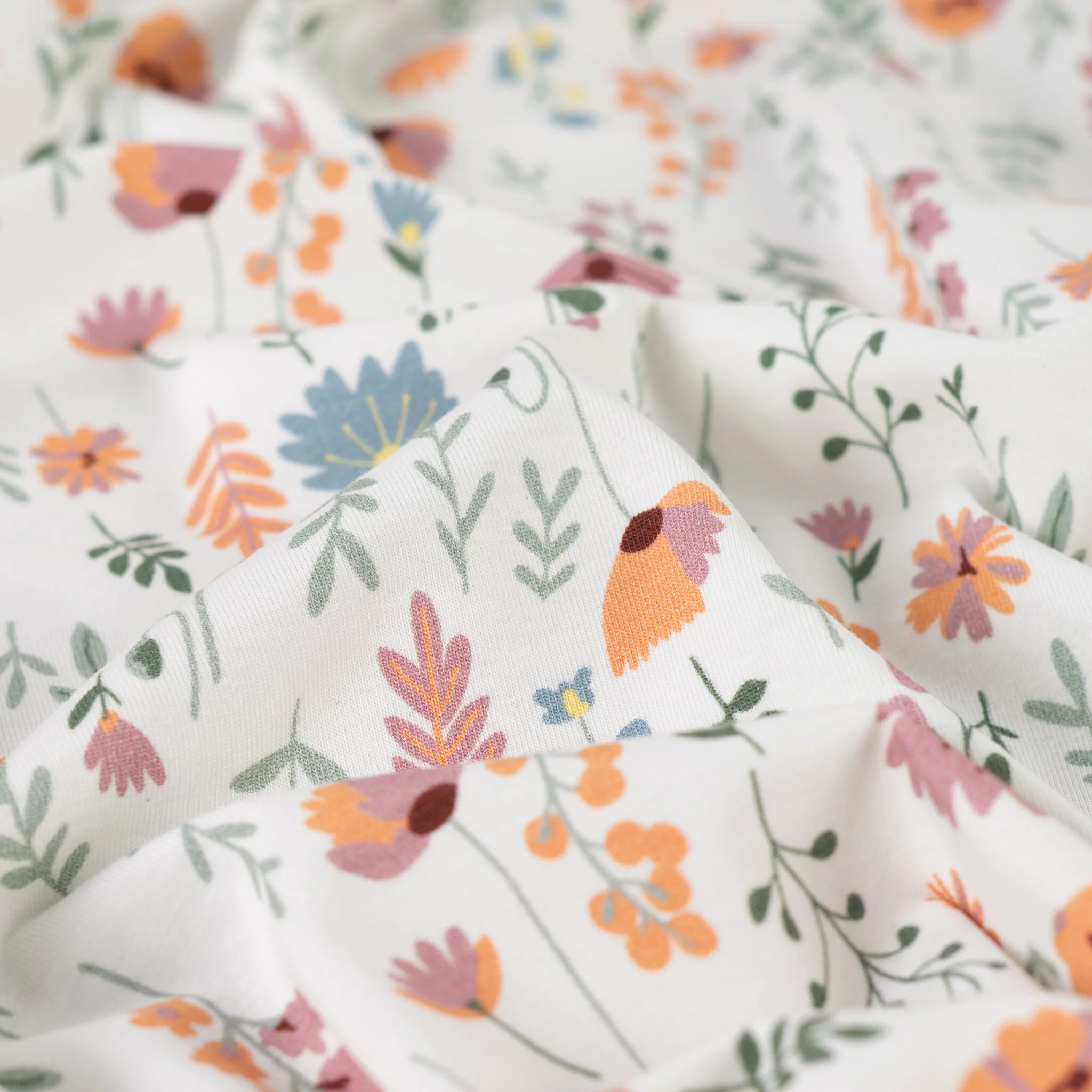 Jersey Katoen Stof Bloemenveld Ecru – Zacht, Rekbaar & Ademend