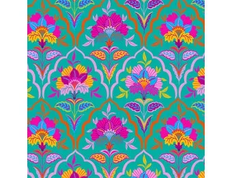 French Terry Stof Vintage Bloemen Light Petrol