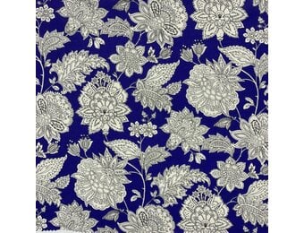 Katoen Stof Sharma Bloemen - Inktblauw - Crème