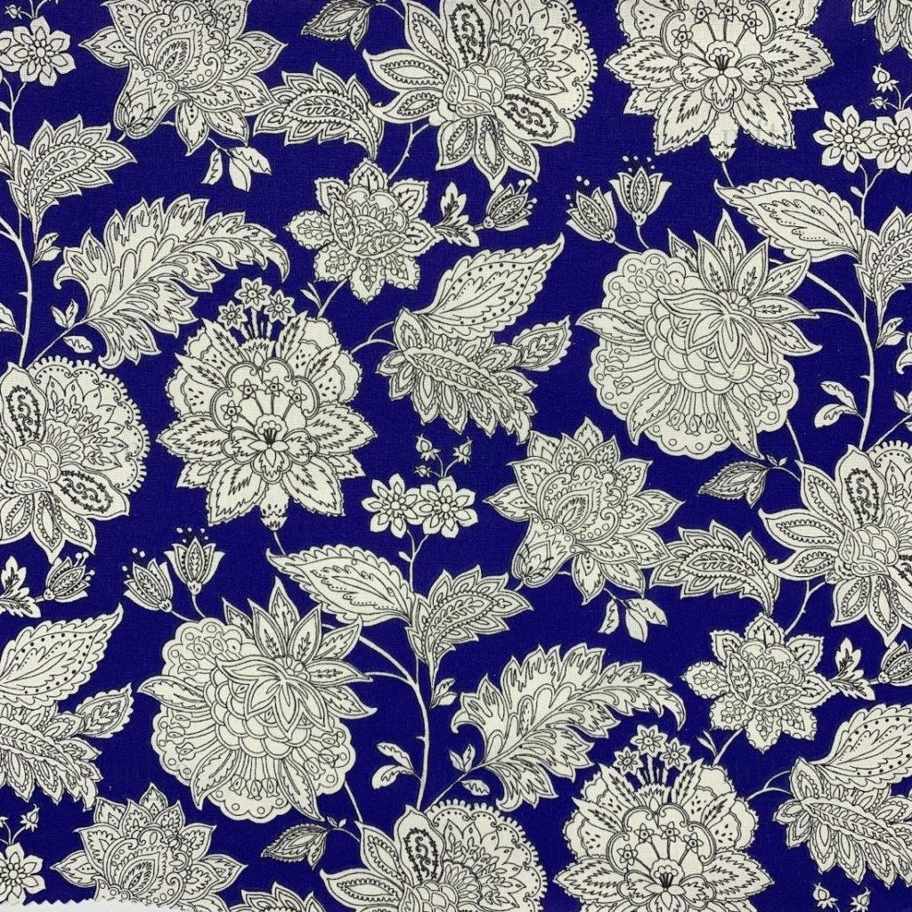 Katoen Stof Sharma Bloemen - Inktblauw - Crème