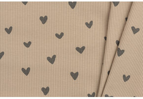 Rib Jersey Stof Bedrukt - Hartjes Donker Beige