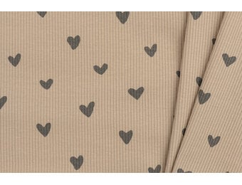 Rib Jersey Stof Bedrukt - Hartjes Donker Beige