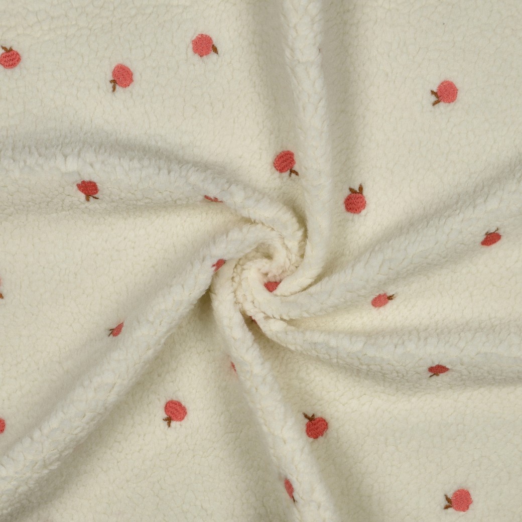 Teddy Stof Embroidery Perzikjes Ecru – Zacht, Warm & Schattig