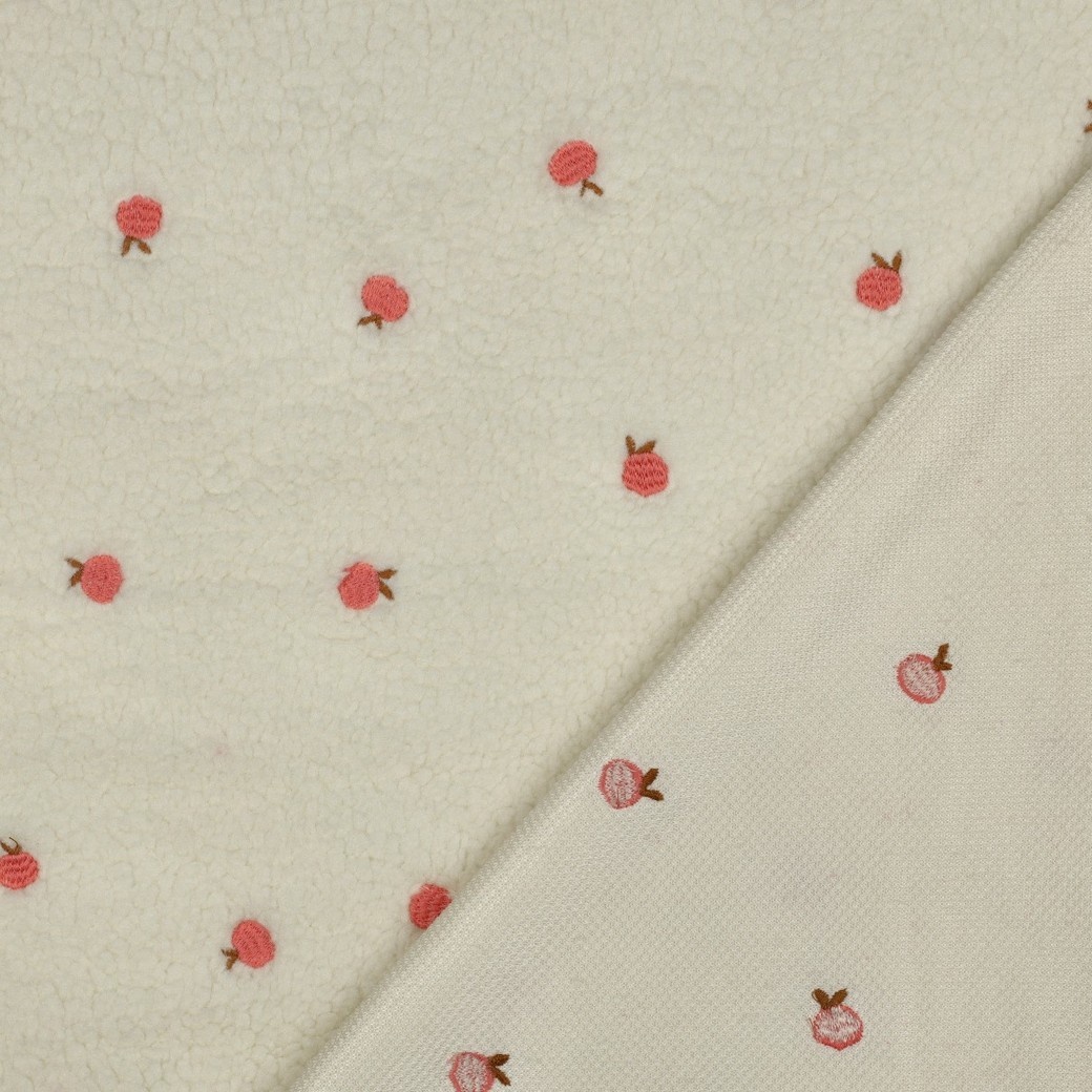 Teddy Stof Embroidery Perzikjes Ecru – Zacht, Warm & Schattig