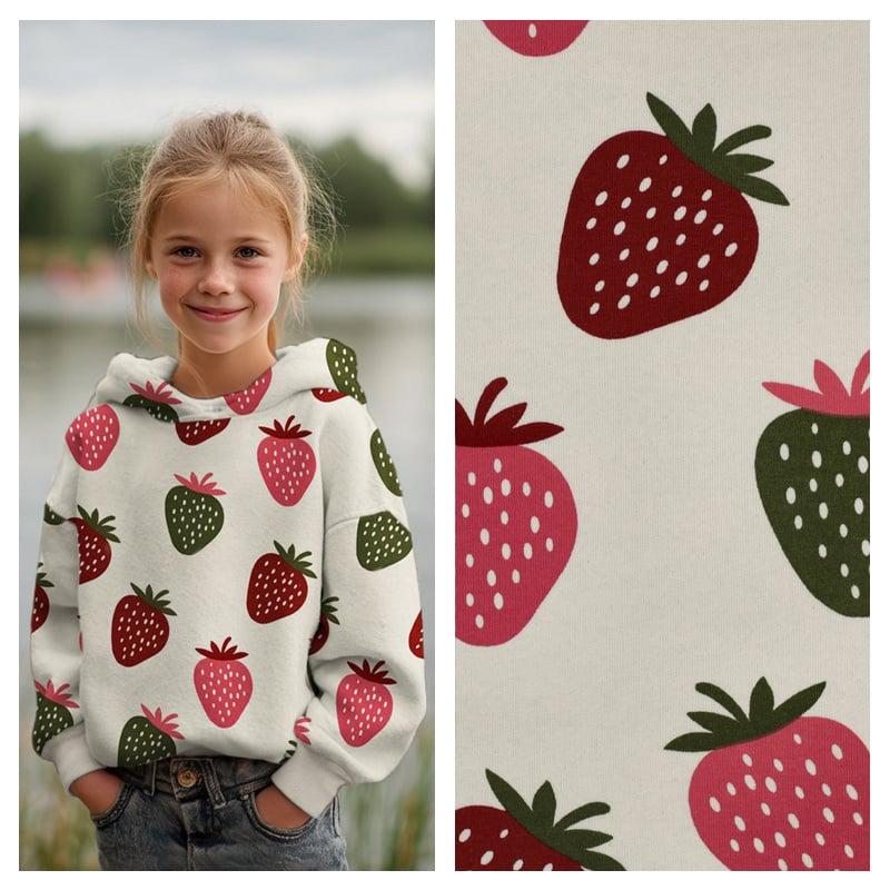 Jogging Stof Aardbeien – Ecru – Zacht & Perfect voor Kids