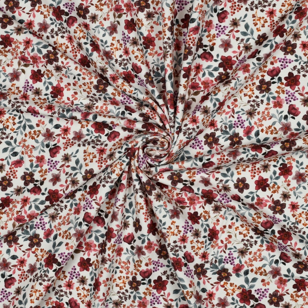 Organic Jersey Bordeaux Bloemenmix – Warm, Trendy & Biologisch