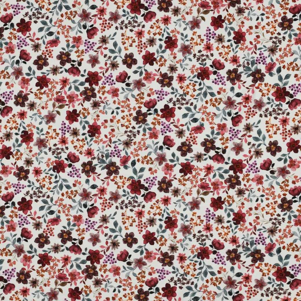 Organic Jersey Bordeaux Bloemenmix – Warm, Trendy & Biologisch