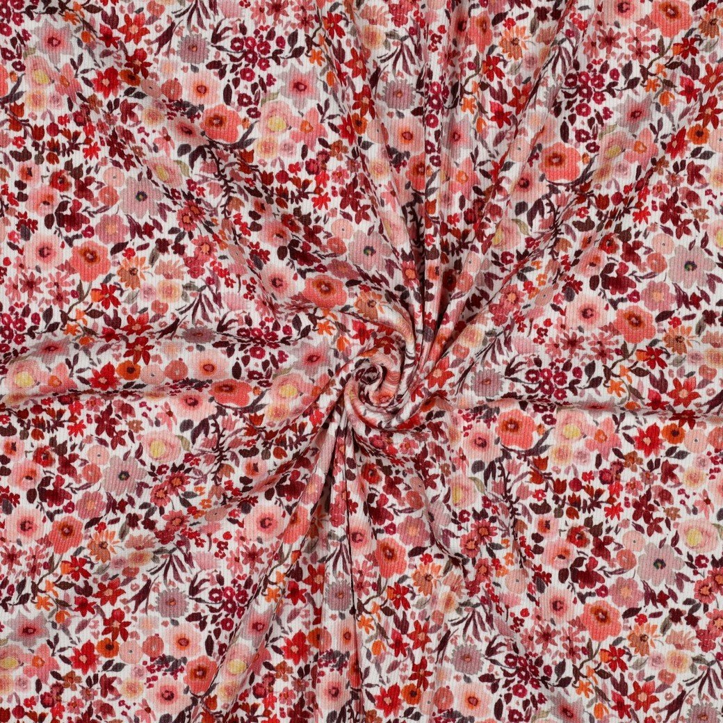 Rib Jersey Bloemen Perzik – Zacht, Stretchy & Super Cute