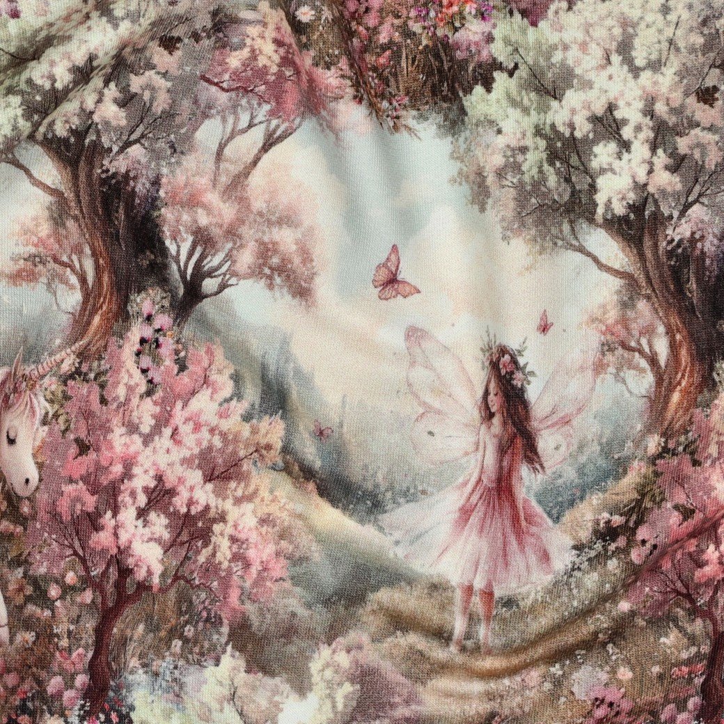 Sweat Stof Digitale Print Sprookjes Saliegroen – Dromerig & Zacht