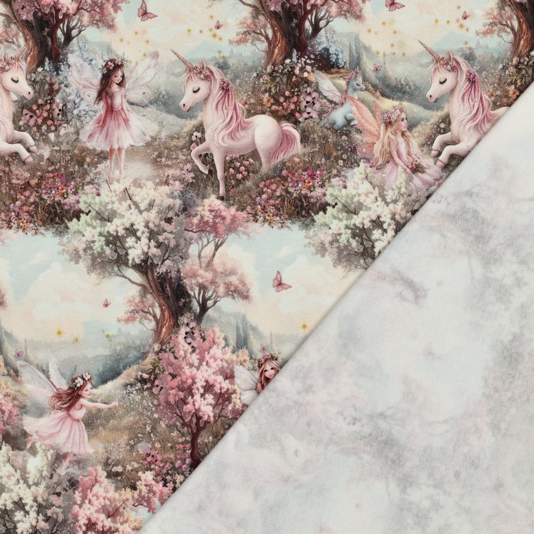 Sweat Stof Digitale Print Sprookjes Saliegroen – Dromerig & Zacht