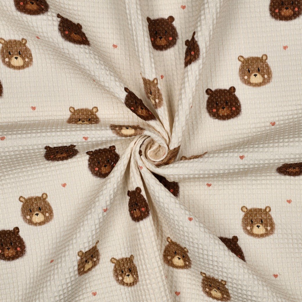 Katoenen Wafel Stof Beren Ecru – Zacht & Lief voor Babyprojecten