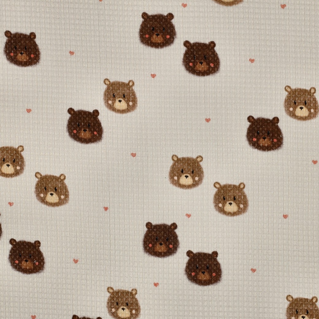 Katoenen Wafel Stof Beren Ecru – Zacht & Lief voor Babyprojecten
